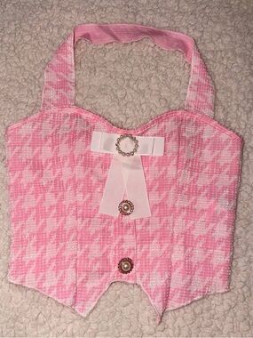 Pink Houndstooth Halter Crop Top with Decorative Bow